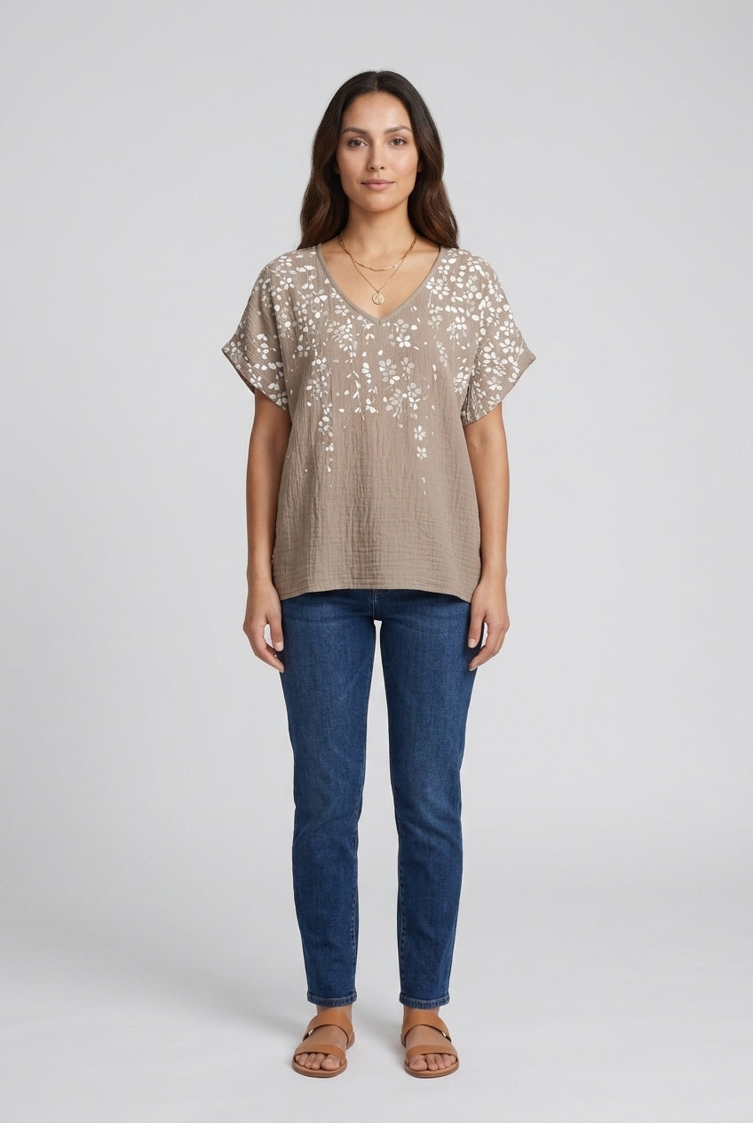 Summer Floral V-Neck Short Sleeve Women's Relaxed Top