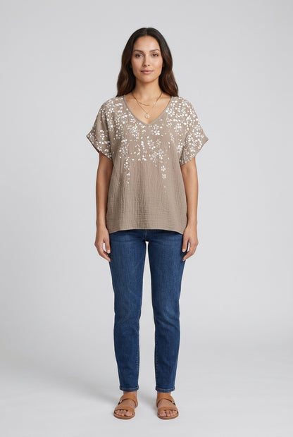 Summer Floral V-Neck Short Sleeve Women's Relaxed Top