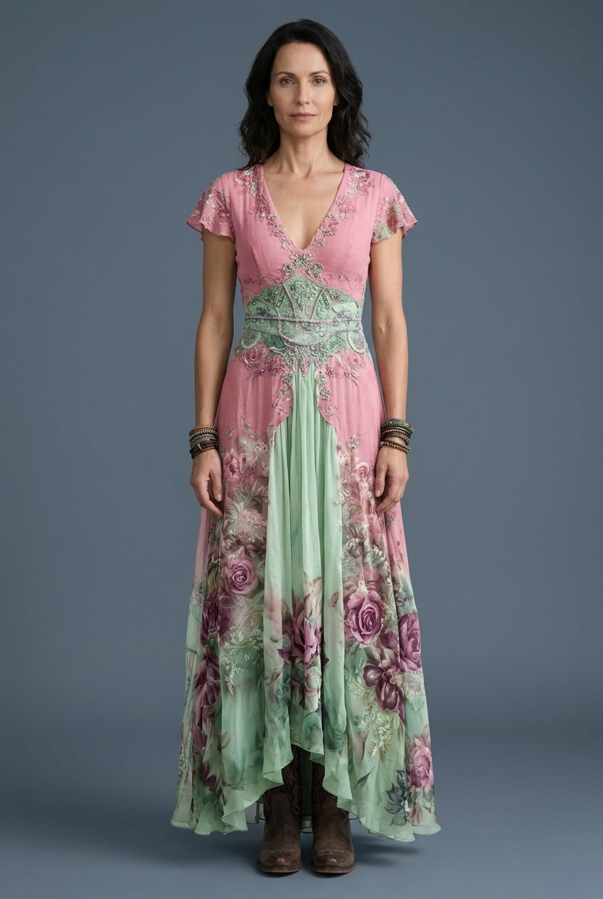 Elegant Maxi Dress for Women, Floral Gradient V-Neck Flowing Long-Sleeve, for Wedding Guest, Date Night, Evening & Vacat