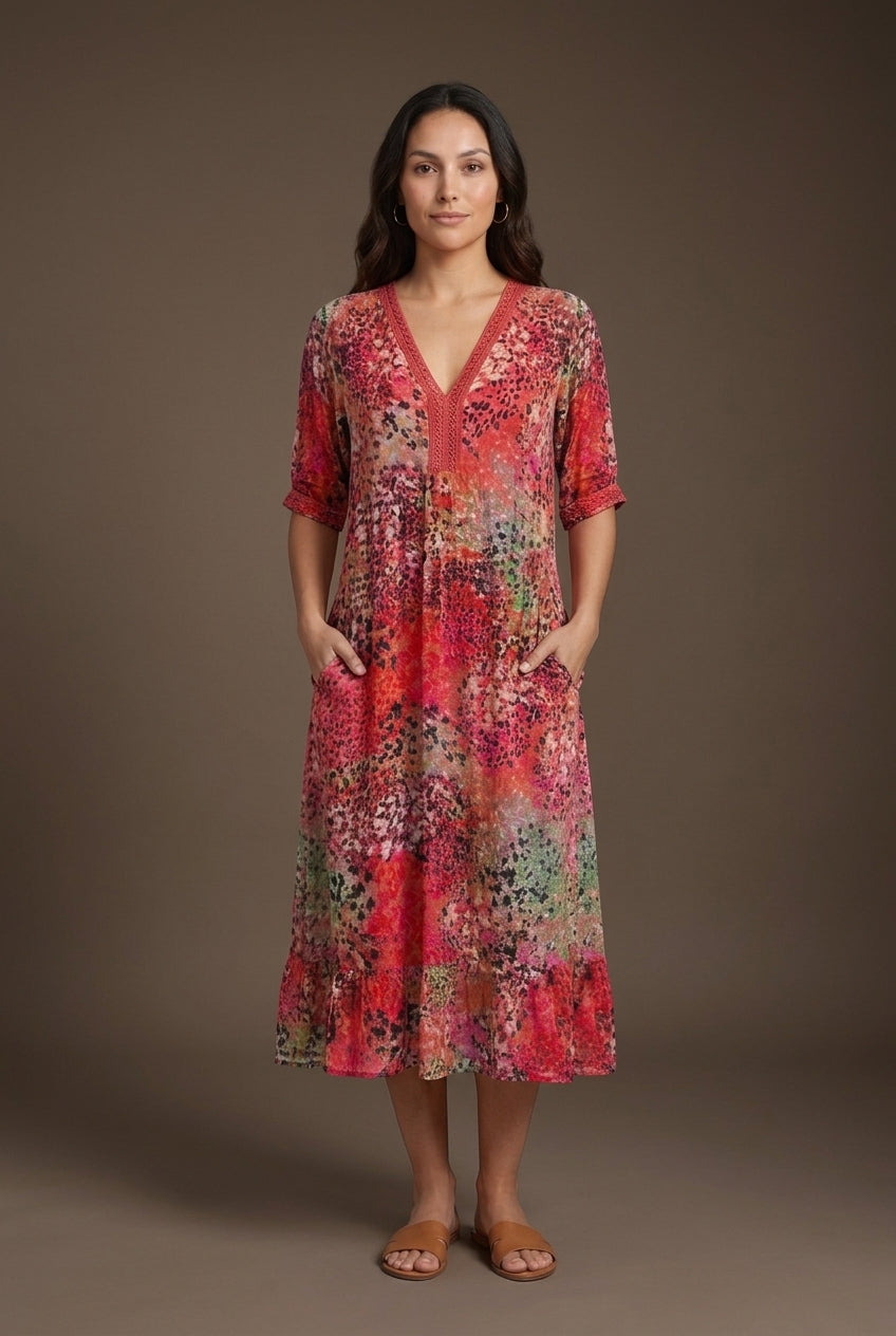 Vibrant Pattern Midi Dress for Women, Flowing Silhouette with Bold Print, for Work, Brunch, Date Night & Everyday Wear
