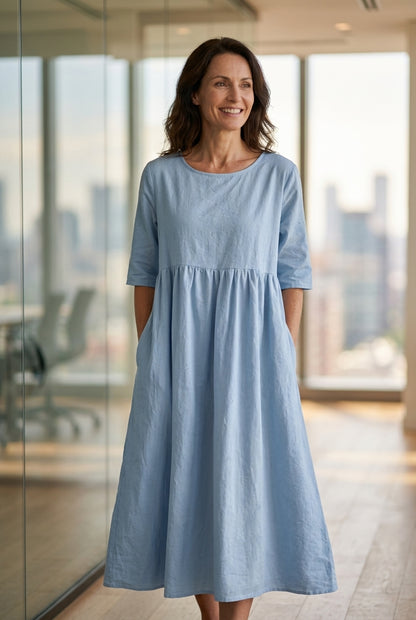 Classic Mid Sleeve Dress for Women, Cotton Relaxed Fit Round Neckline with Pockets, for Spring, Summer & Everyday Wear