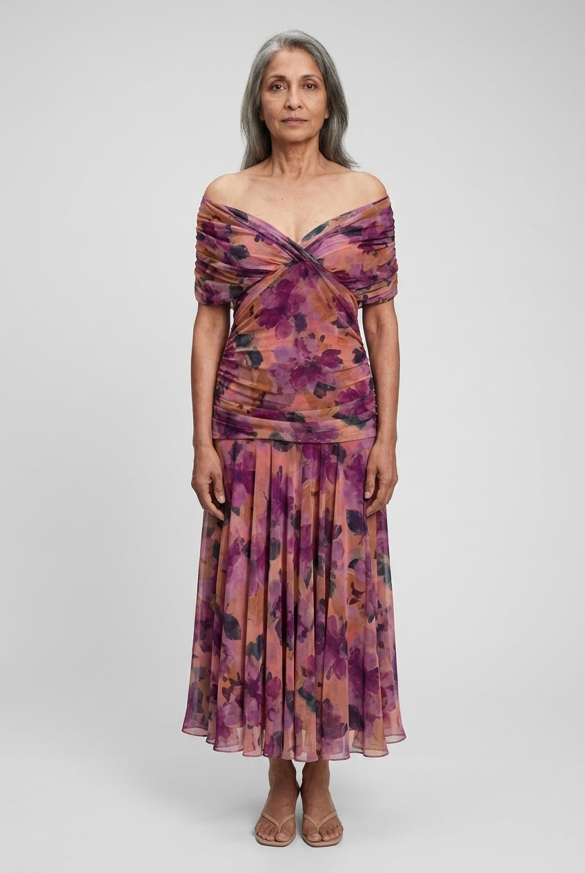Elegant Off-Shoulder Dress for Women, Lightweight Flowy Pleated Floral, for Weddings, Evening Events & Vacation