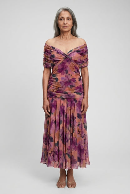 Elegant Off-Shoulder Dress for Women, Lightweight Flowy Pleated Floral, for Weddings, Evening Events & Vacation