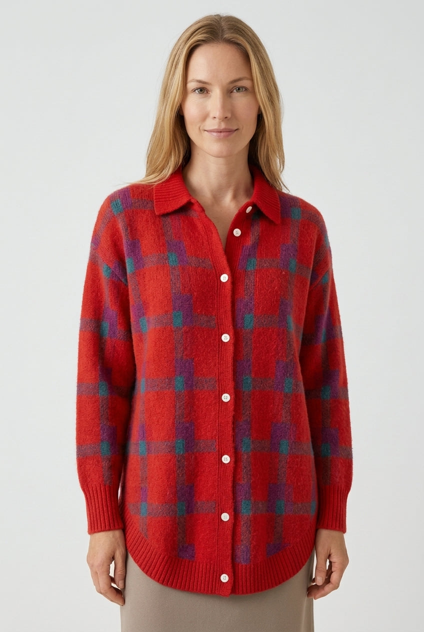 Elegant Checkered Cardigan for Women, Longline Button-Front Cozy Relaxed Fit, for Work, Casual, Everyday & Layering