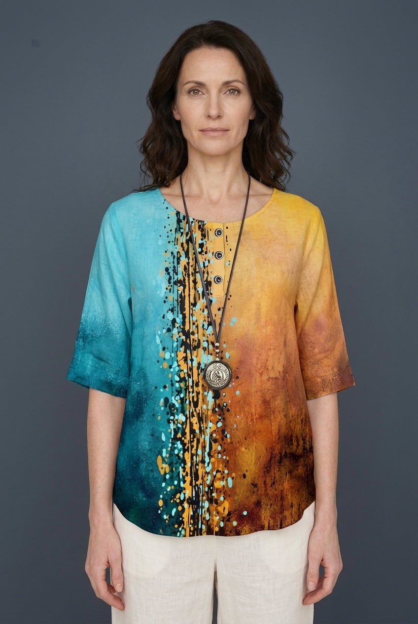 Relaxed Boho Top for Women, Mixed-Print Summer Lightweight, for Casual, Everyday & Vacation Wear