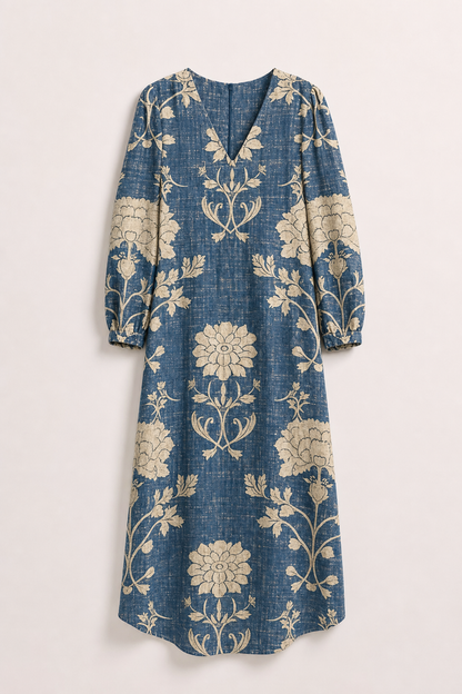 Lumi | Women's Boho Linen Floral V-Neck Pocket Midi Dress
