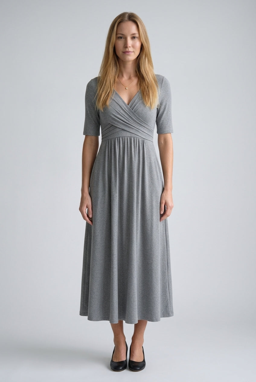 Casual V-Neck Midi Dress for Women, Wrap-Style Elbow-Sleeve Pleated with Pockets, for Office, Brunch, Lunch & Everyday W