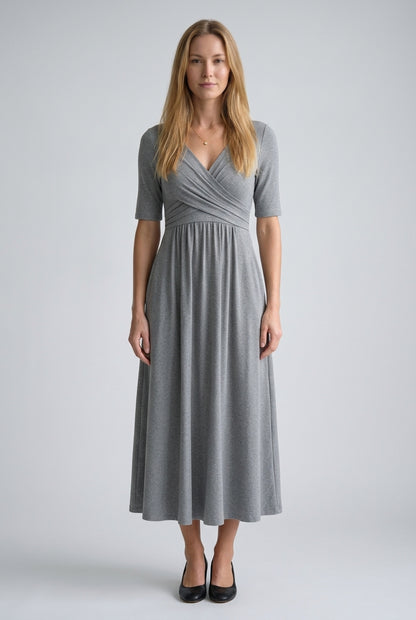 Casual V-Neck Midi Dress for Women, Wrap-Style Elbow-Sleeve Pleated with Pockets, for Office, Brunch, Lunch & Everyday W