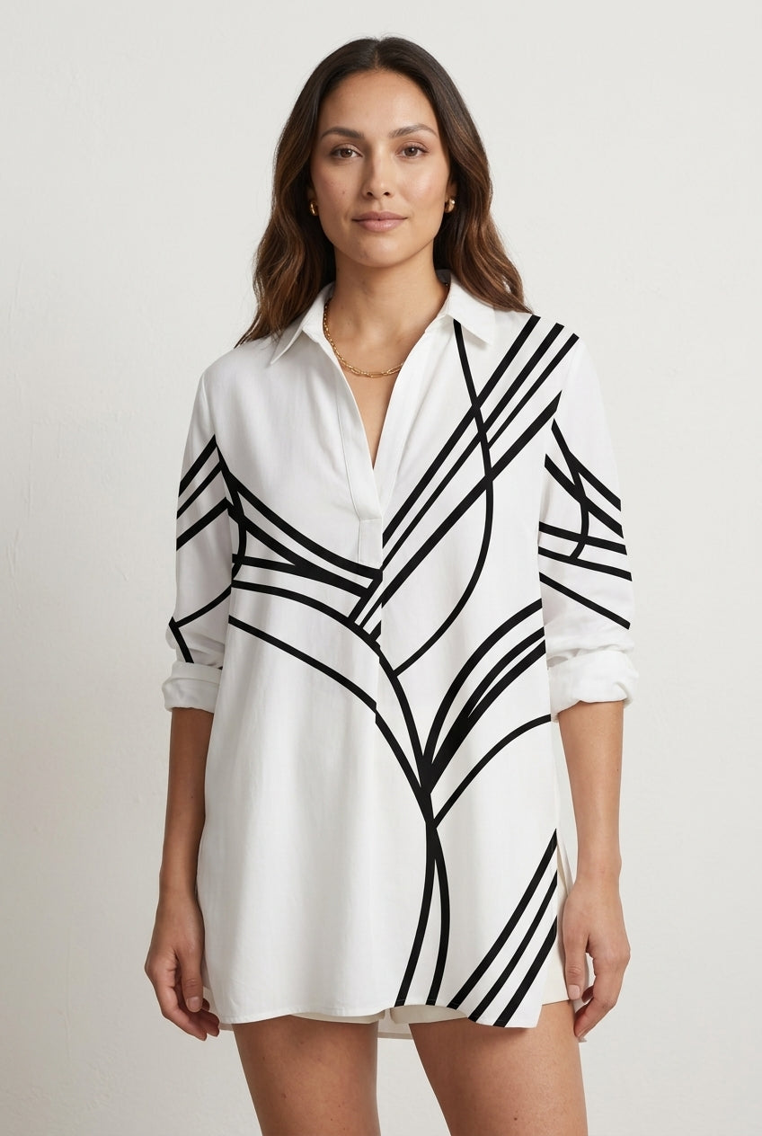 Abstract Stripe Lapel Long Sleeve Blouse for Women, Polyester Casual Loose Print, for Work, Casual, Travel & Everyday We