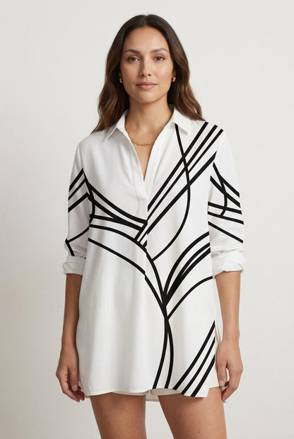 Abstract Stripe Lapel Long Sleeve Blouse for Women, Polyester Casual Loose Print, for Work, Casual, Travel & Everyday We