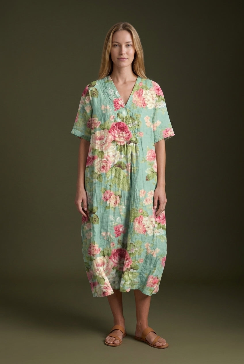 Vibrant Multicolour V-Neck Dress for Women, Lightweight Cotton-Linen Blend, for Summer, Casual & Party Wear