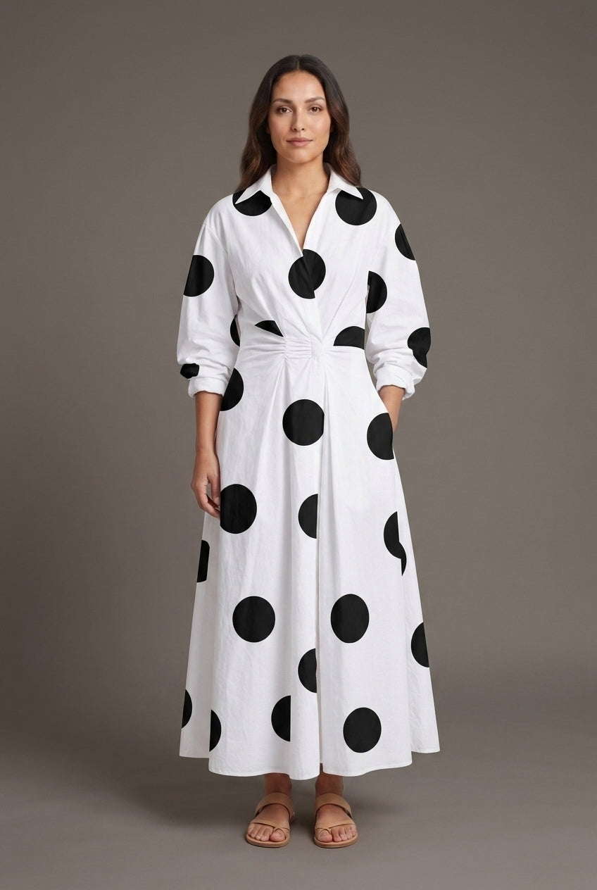Elegant Front Wrap Collared Maxi Dress for Women, Flowing Long-Sleeve Sophisticated, for Work, Evening, Wedding Guest & 
