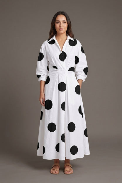 Elegant Front Wrap Collared Maxi Dress for Women, Flowing Long-Sleeve Sophisticated, for Work, Evening, Wedding Guest & 