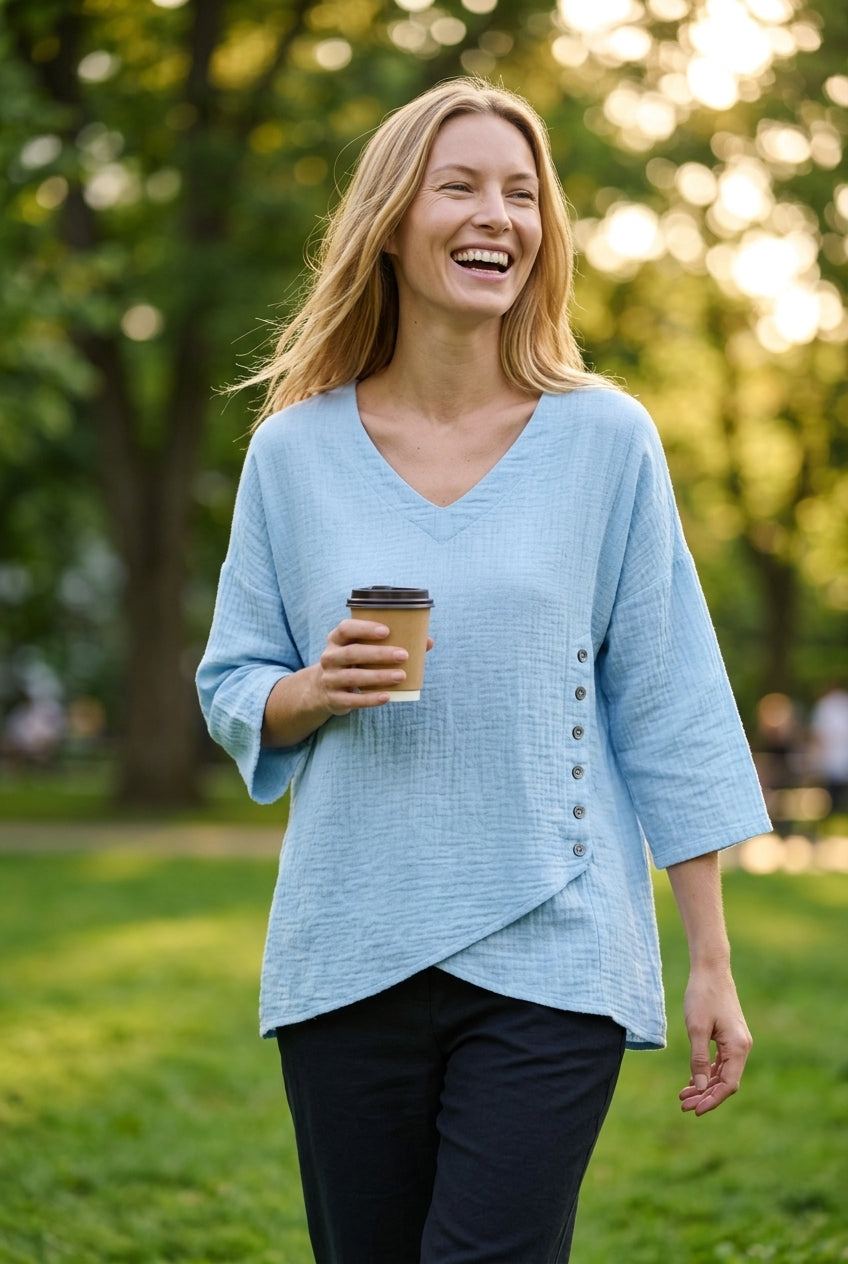 Elegant V-Neck Blouse for Women, Half-Sleeve Rayon Linen Button-Trim Asymmetric Hem, for Work, Casual, Brunch & Summer W