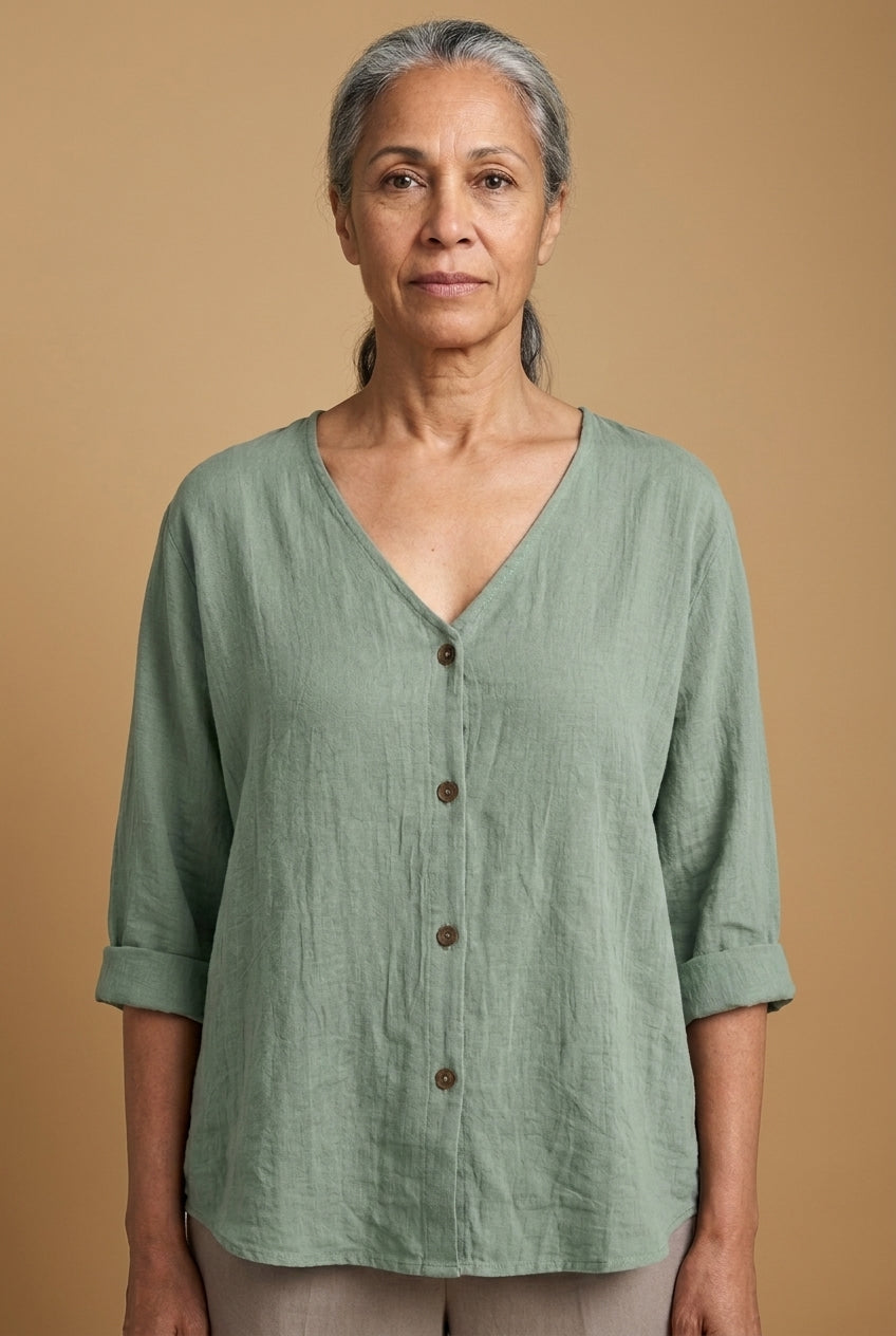 Casual Relaxed Button-Up Blouse for Women, V-Neck Roll Sleeve, for Everyday, Brunch, Weekend & Casual Wear