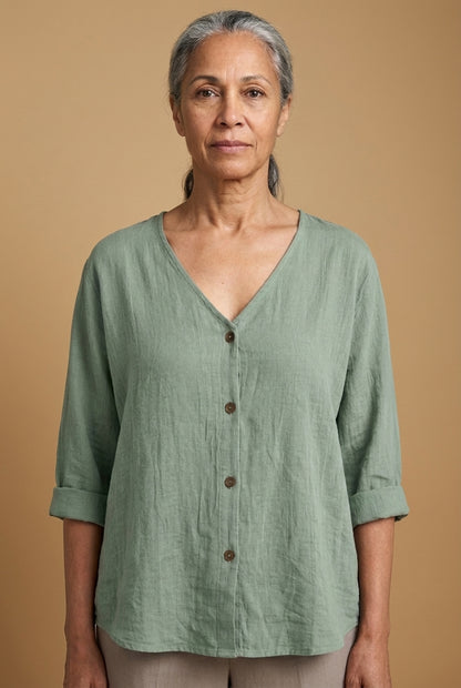 Casual Relaxed Button-Up Blouse for Women, V-Neck Roll Sleeve, for Everyday, Brunch, Weekend & Casual Wear