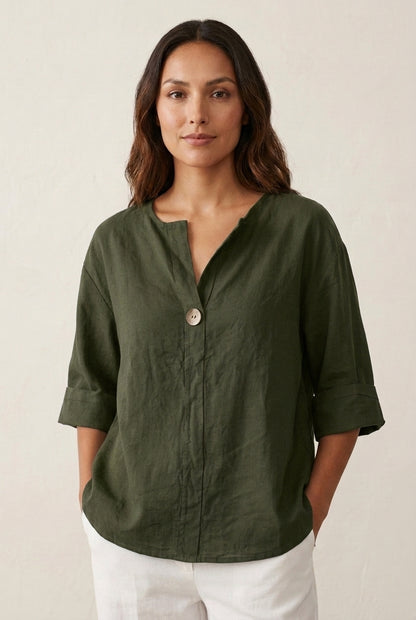 Relaxed Cotton Blouse for Women, 3/4 Sleeve V-Neck Single Button, for Summer, Casual & Everyday Wear