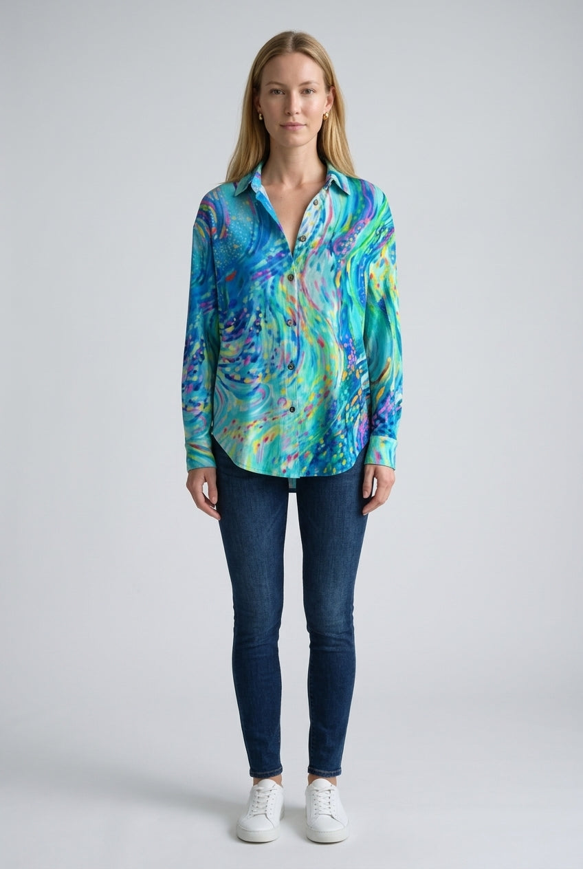 Abstract Print Women's Casual Long Sleeve Button-Down Shirt