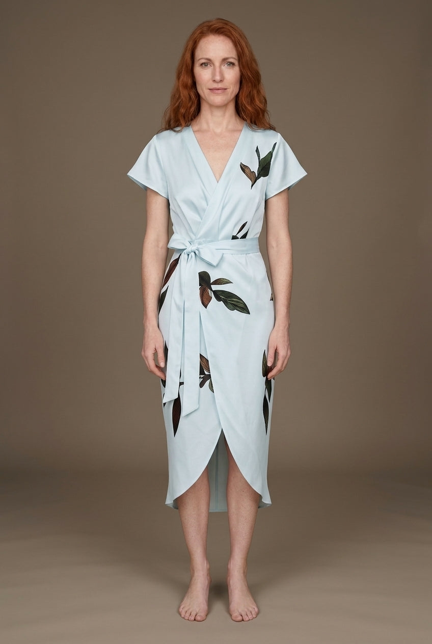 Floral Wrap Midi Dress for Women, Leaf Print A-Line Wrap Neckline, for Brunch, Date Night, Work & Vacation
