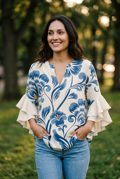Elegant Ruffle Sleeve Blouse for Women, Floral Print Lightweight Relaxed Fit, for Work, Brunch, Casual & Everyday Wear