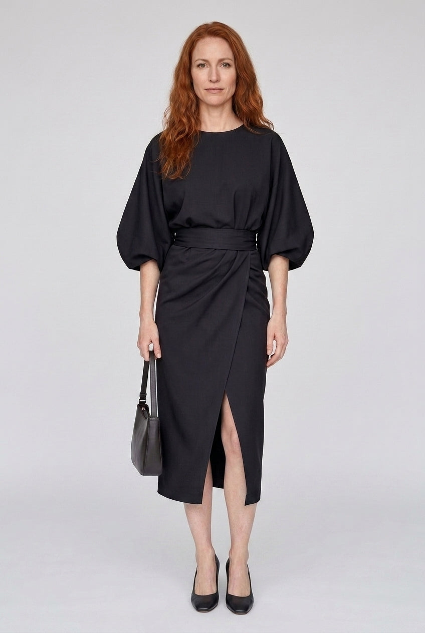 Elegant Lantern Sleeve Dress for Women, Lightweight Flowing Fabric Waist-Defining Belt, for Formal Events, Celebrations 