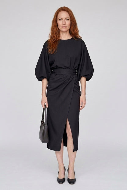 Elegant Lantern Sleeve Dress for Women, Lightweight Flowing Fabric Waist-Defining Belt, for Formal Events, Celebrations 
