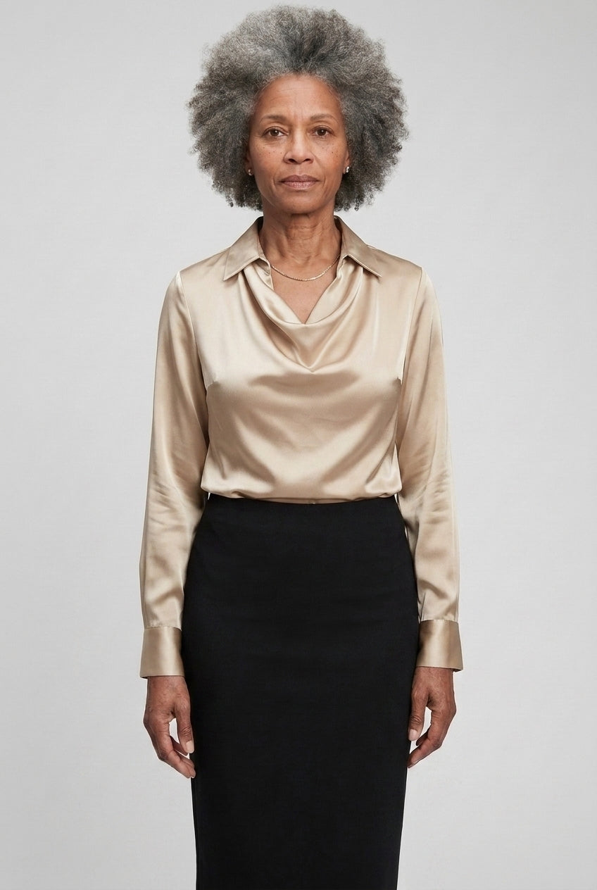 Elegant Satin Blouse for Women, Soft Drape Neckline Feminine Cut, for Work, Dinner, Evening & Everyday Wear