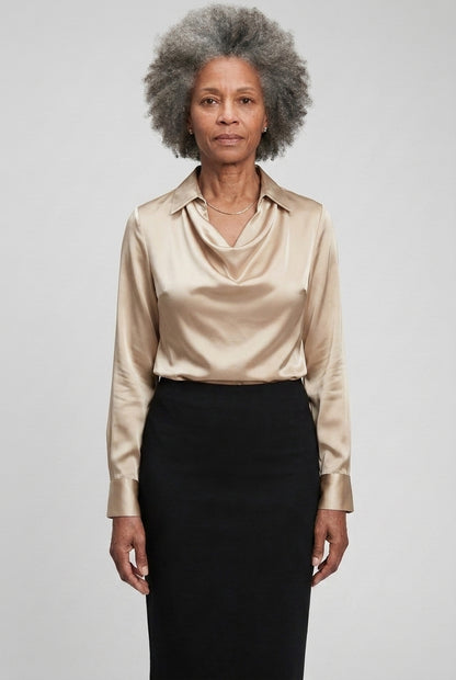 Elegant Satin Blouse for Women, Soft Drape Neckline Feminine Cut, for Work, Dinner, Evening & Everyday Wear
