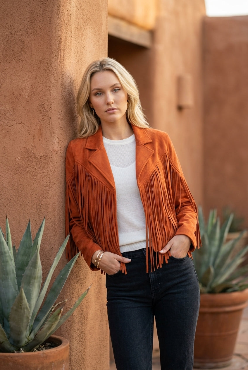 Evelyn | Women's Fringe Suede Cropped Moto Jacket