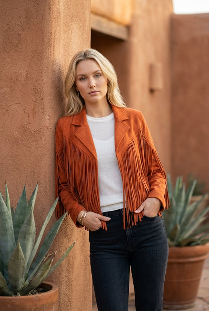 Evelyn | Women's Fringe Suede Cropped Moto Jacket