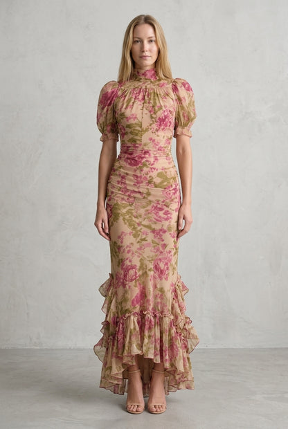 Vintage Puff Sleeve Maxi Dress for Women, Chiffon Tulle High Neckline Fishtail, for Wedding Guest, Date Night, Vacation 