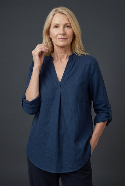 Classic V-Neck Long Sleeve Shirt for Women, Relaxed Tailored Fit Everyday Essential, for Work, Office, Casual & Layering
