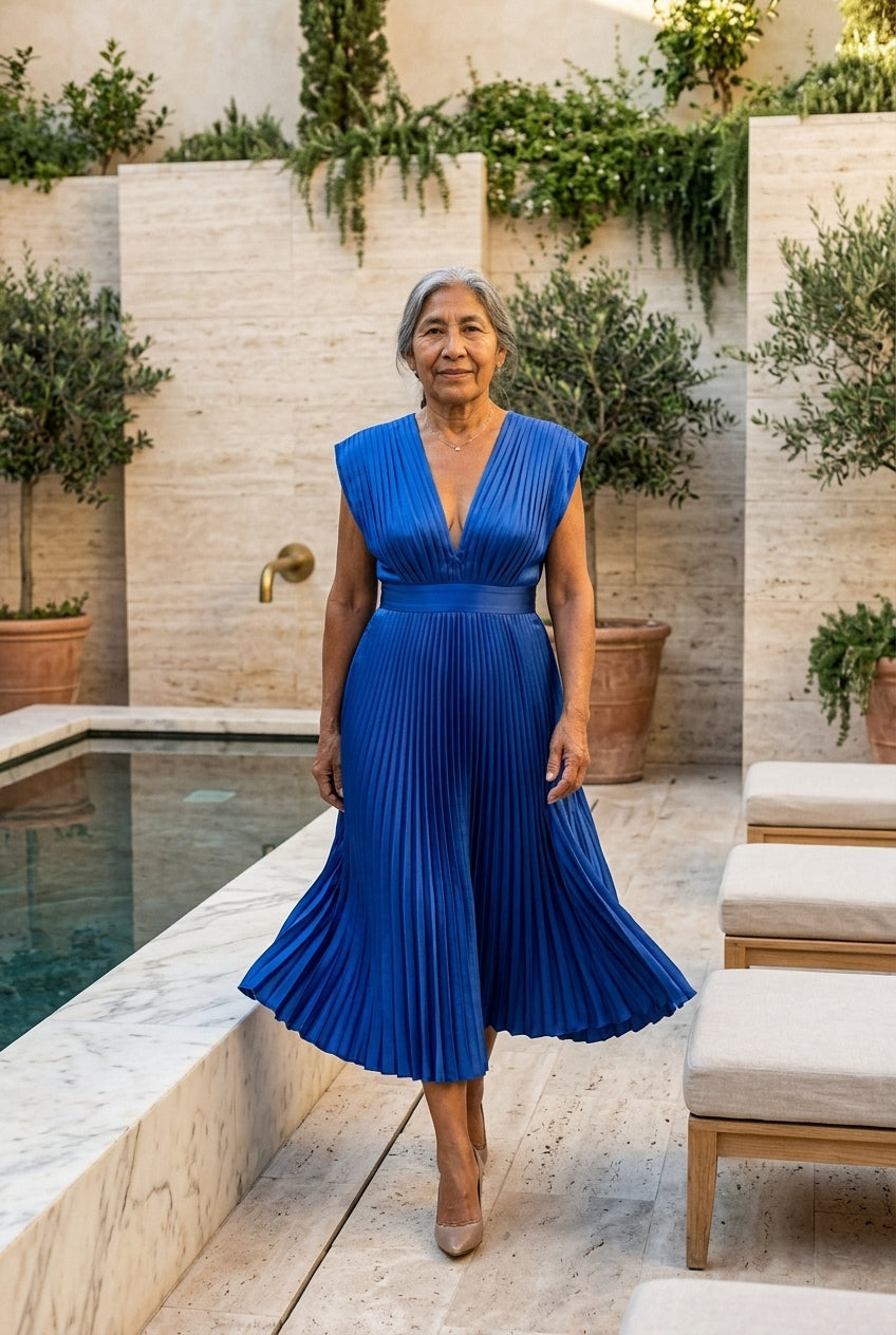 Nicoletta Vera | Pleated Midi Dress with Tie Belt