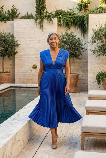 Nicoletta Vera | Pleated Midi Dress with Tie Belt