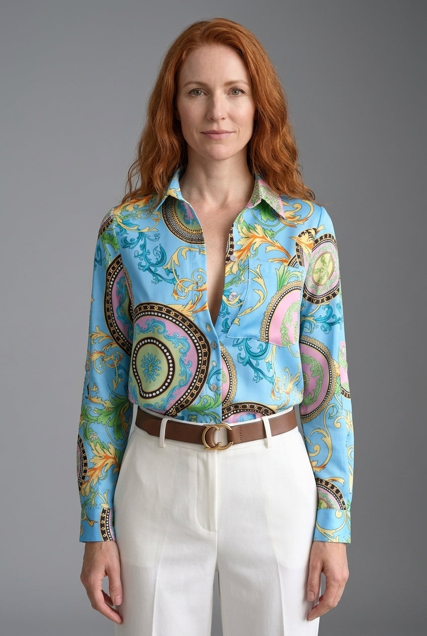 Classic Collared Printed Blouse for Women, Soft Breathable Long-Sleeve, for Work, Office, Casual & Everyday Wear