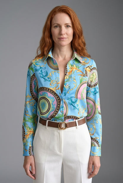 Classic Collared Printed Blouse for Women, Soft Breathable Long-Sleeve, for Work, Office, Casual & Everyday Wear