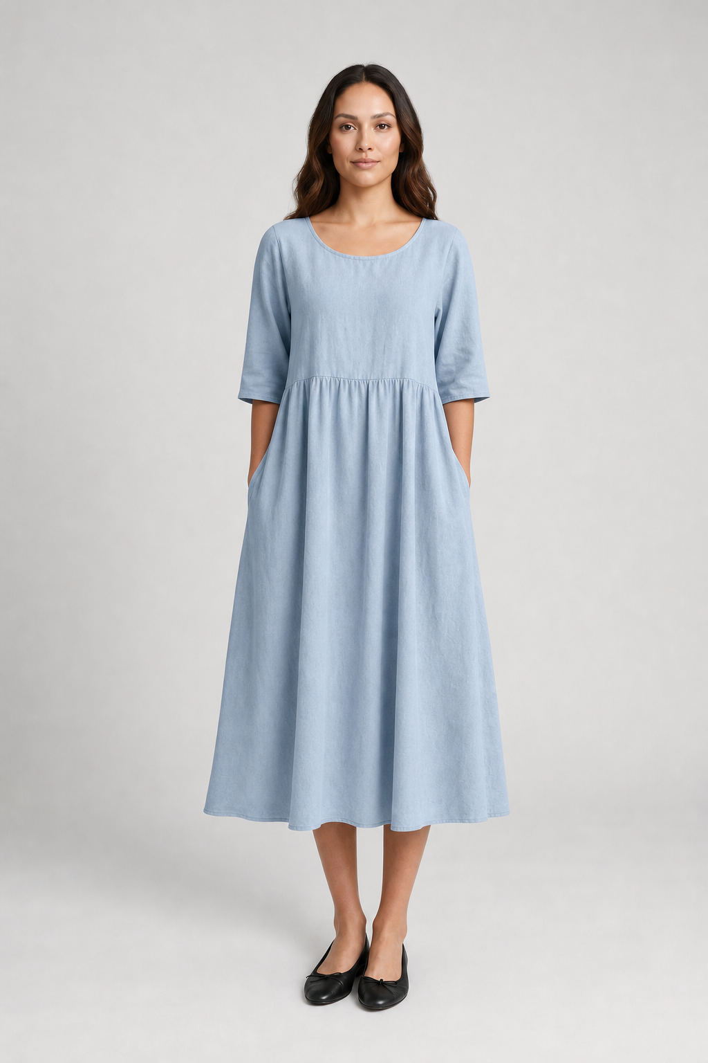 Nola | Women's Linen Gathered Waist Half-Sleeve Midi Dress