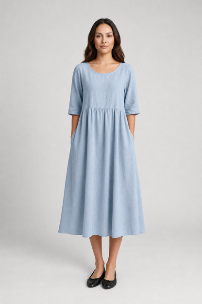 Nola | Women's Linen Gathered Waist Half-Sleeve Midi Dress