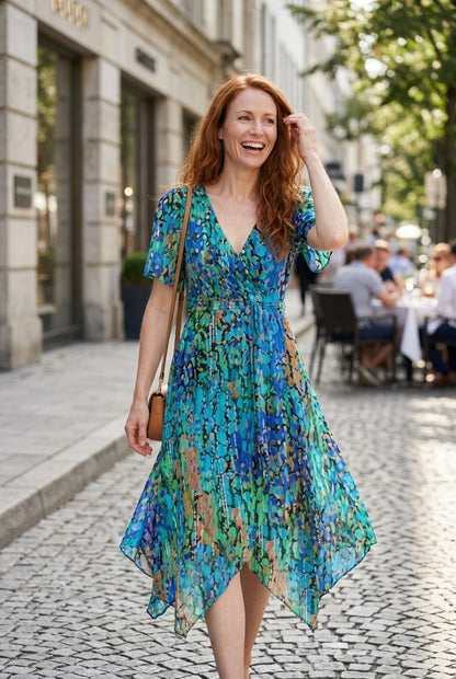 Elegant Printed Dress for Women, Short Sleeve V-Neck Asymmetrical Hem Lightweight, for Weddings, Vacations & Everyday We