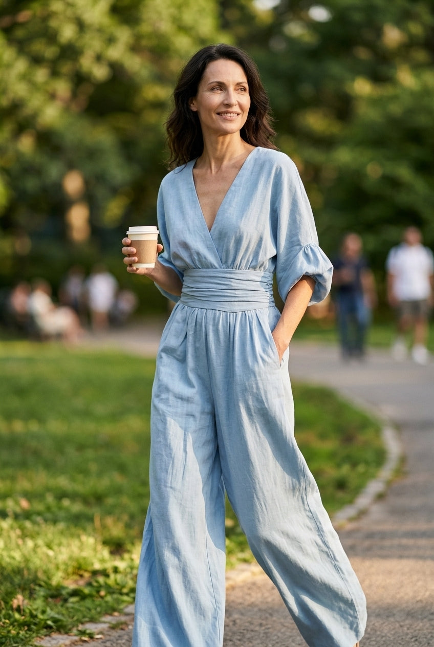 Elegant Wide Sleeve V-Neck Jumpsuit for Women, Flowing Relaxed Fit Cinched Waist, for Brunch, Travel, Casual & Everyday 