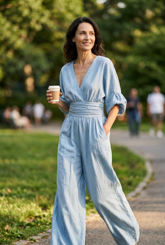 Elegant Wide Sleeve V-Neck Jumpsuit for Women, Flowing Relaxed Fit Cinched Waist, for Brunch, Travel, Casual & Everyday 
