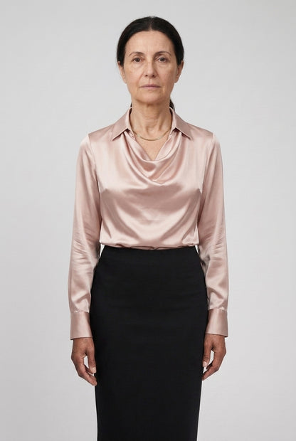 Elegant Satin Blouse for Women, Soft Drape Neckline Feminine Cut, for Work, Dinner, Evening & Everyday Wear
