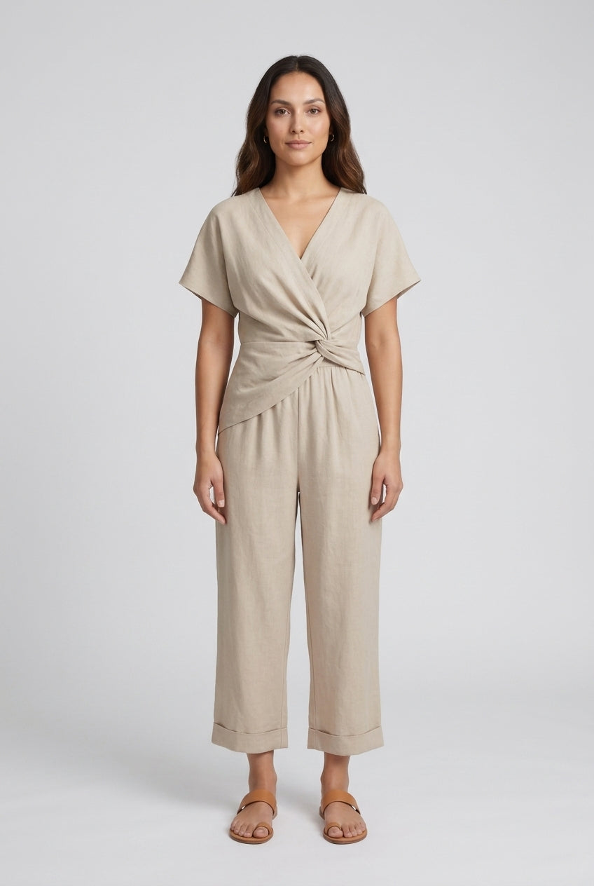 Elegant Two-Piece Set for Women, Wrap-Front Top Cropped Trousers Lightweight Breathable, for Summer, Vacation, Casual & 