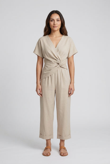 Elegant Two-Piece Set for Women, Wrap-Front Top Cropped Trousers Lightweight Breathable, for Summer, Vacation, Casual & 