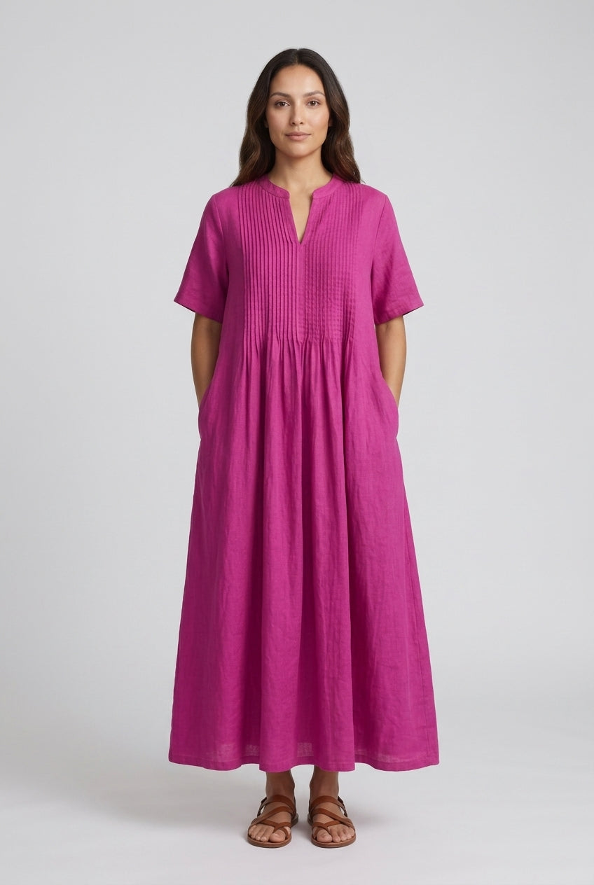 Elegant V-Neck Midi Dress for Women, Pleated Mid-Sleeve Flowing Silhouette, for Summer, Dinners, Celebrations & Everyday