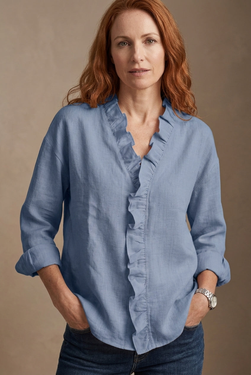 Elegant V-Neck Blouse for Women, Ruffled Long-Sleeve Lightweight, for Office, Brunch, Casual & Everyday Wear