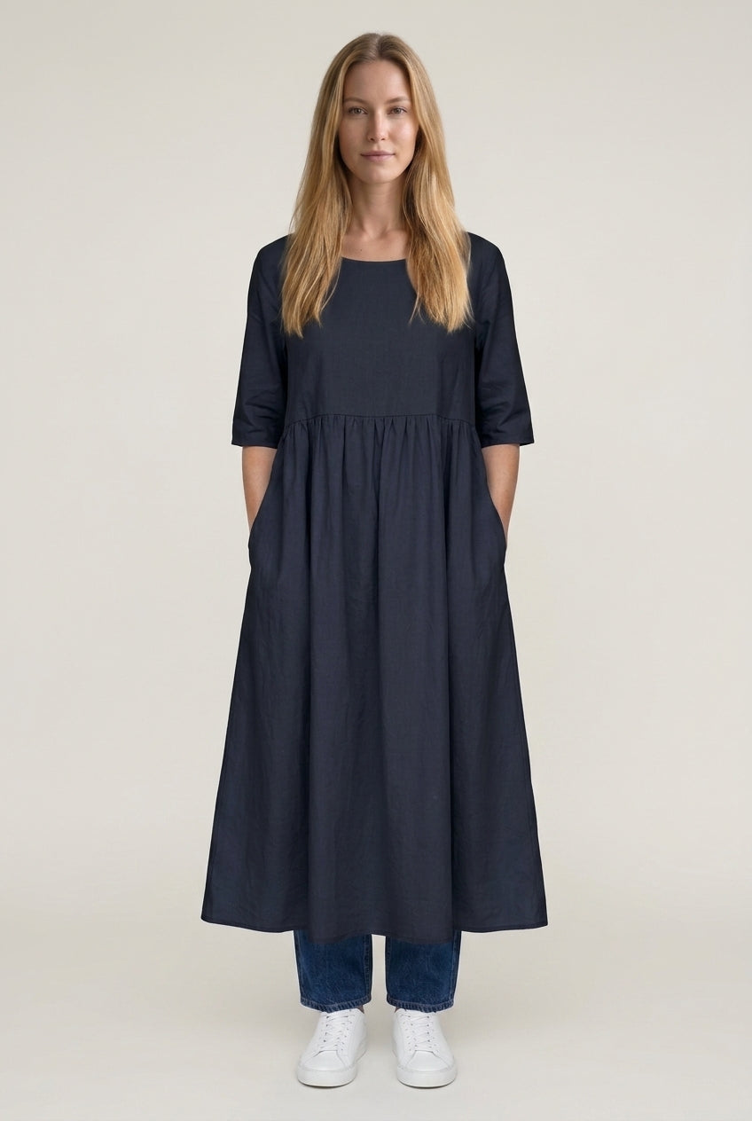 Classic Mid Sleeve Dress for Women, Cotton Relaxed Fit Round Neckline with Pockets, for Spring, Summer & Everyday Wear