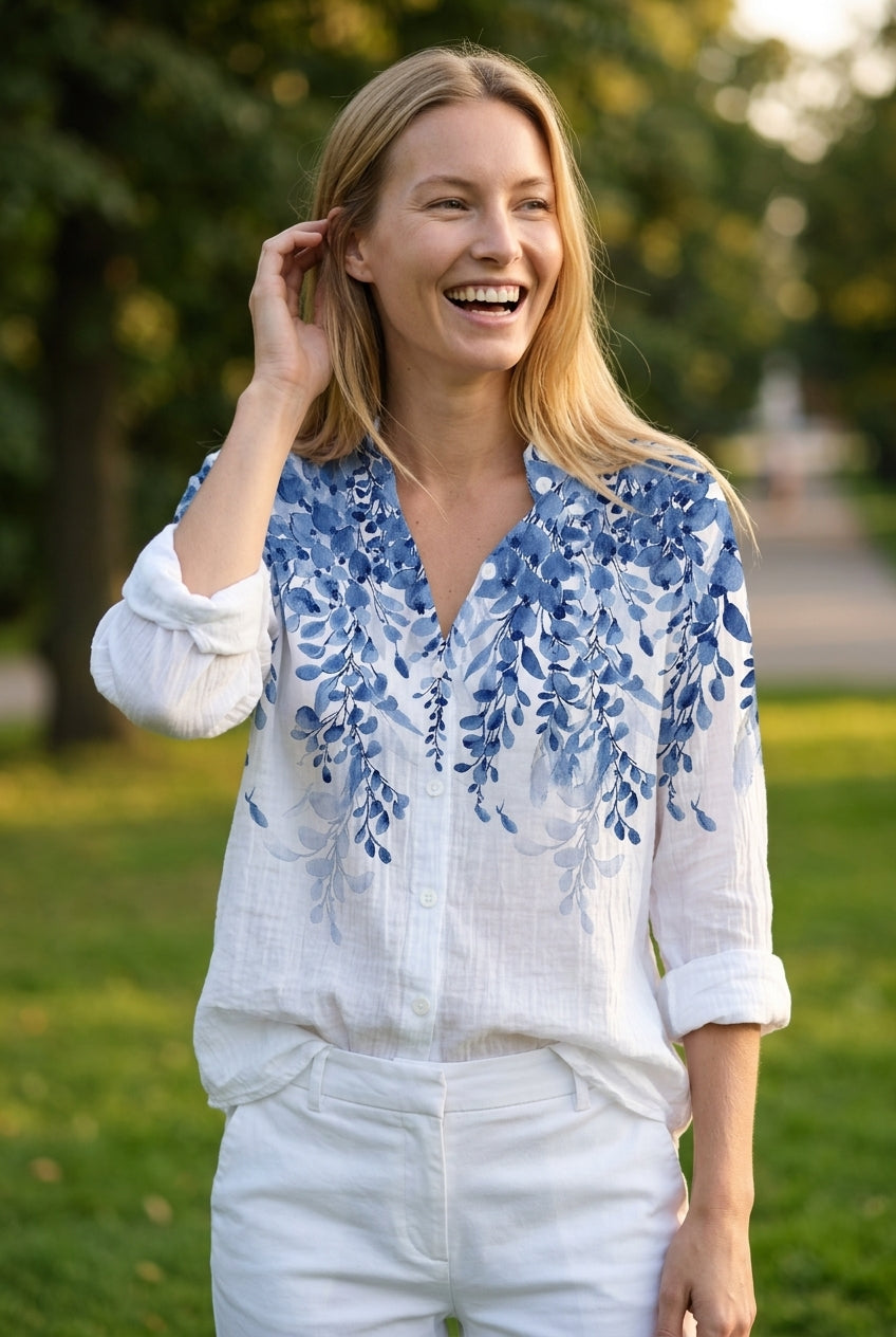 Floral Print Shirt for Women, Long-Sleeve Polyester Button-Front Relaxed Fit, for Spring, Summer & Casual Wear