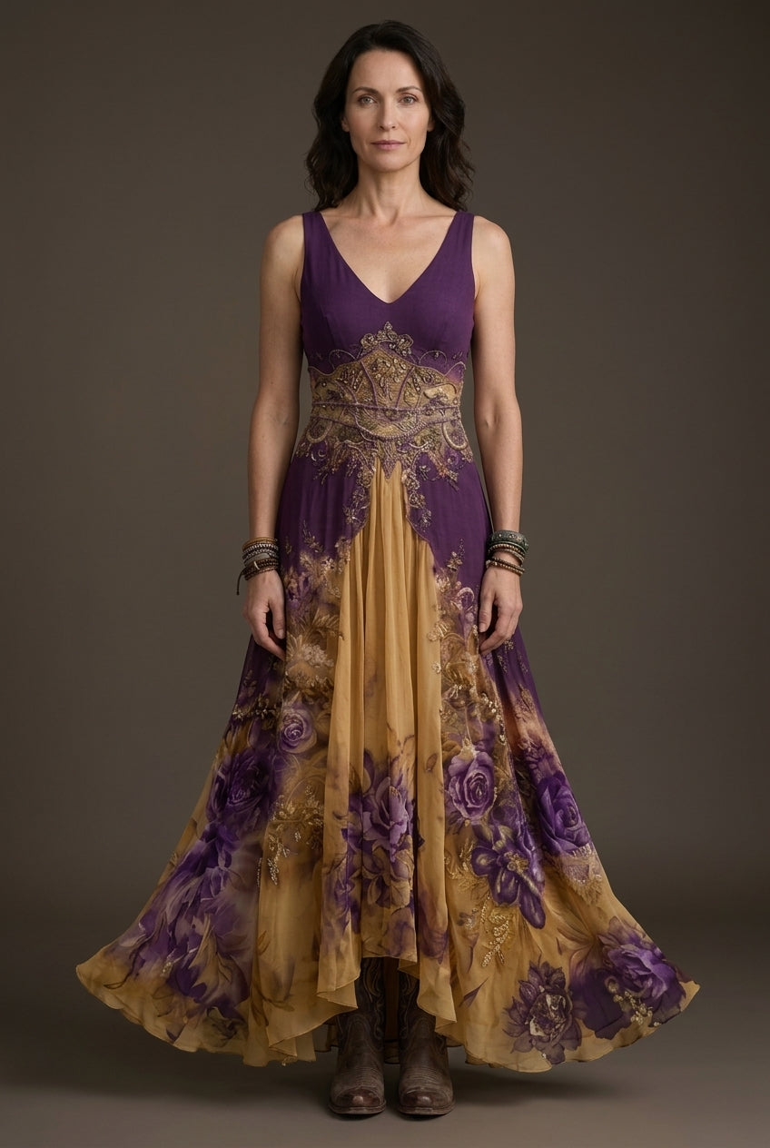Elegant Maxi Dress for Women, Floral Gradient V-Neck Flowing Long-Sleeve, for Wedding Guest, Date Night, Evening & Vacat