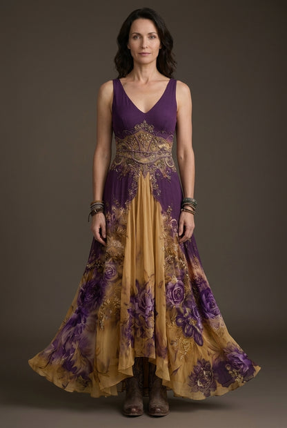 Elegant Maxi Dress for Women, Floral Gradient V-Neck Flowing Long-Sleeve, for Wedding Guest, Date Night, Evening & Vacat